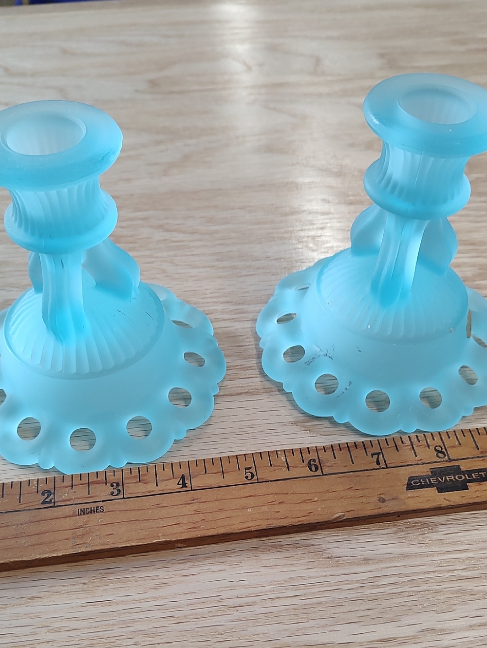 2 Candlestick Holders. Westmoreland Blue Satin Doric Lace Edge.